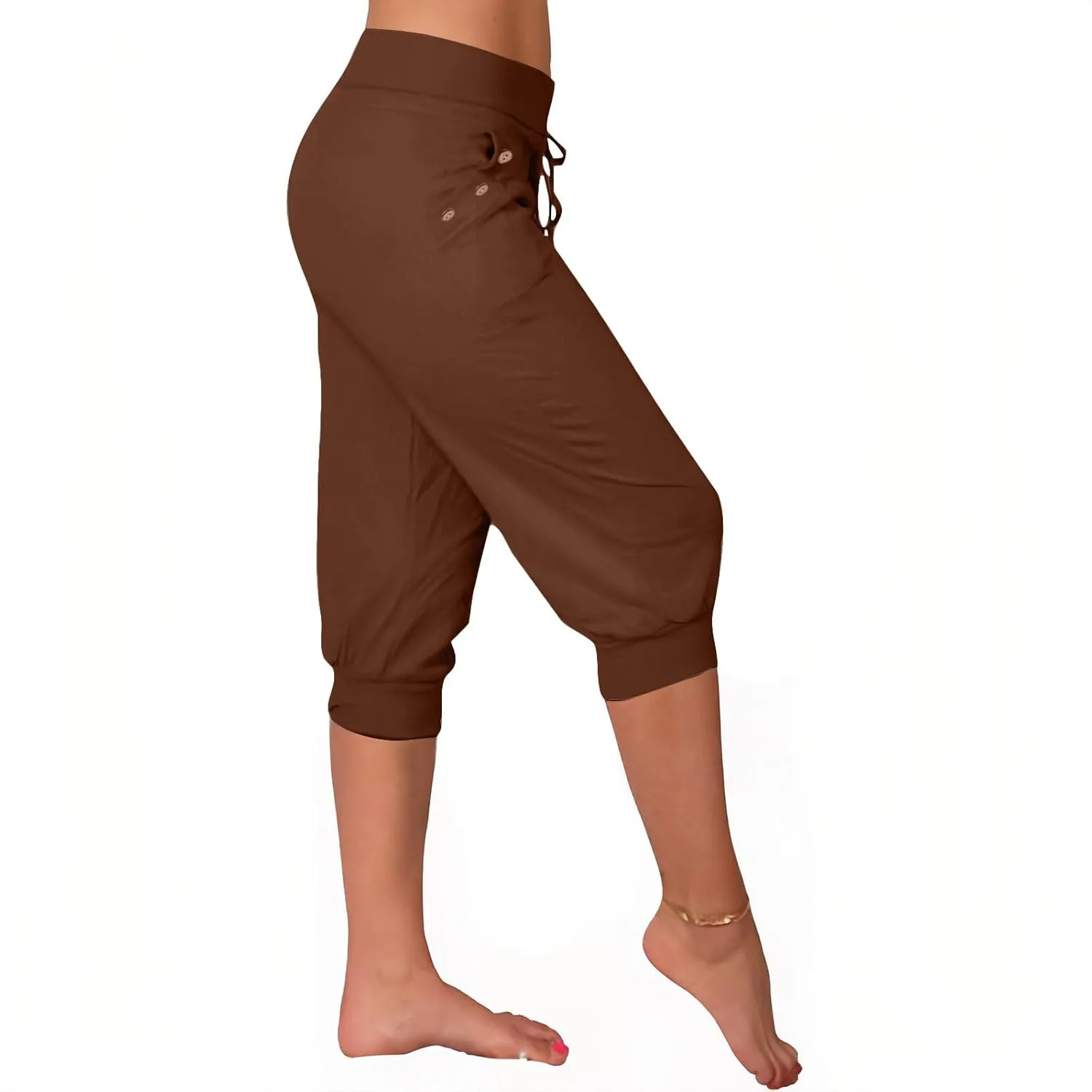 Womens Capri Trousers High Waisted Drawstring Sweatpants Cropped Pants with Button Pocket Trouser 3/4 Length Bottoms