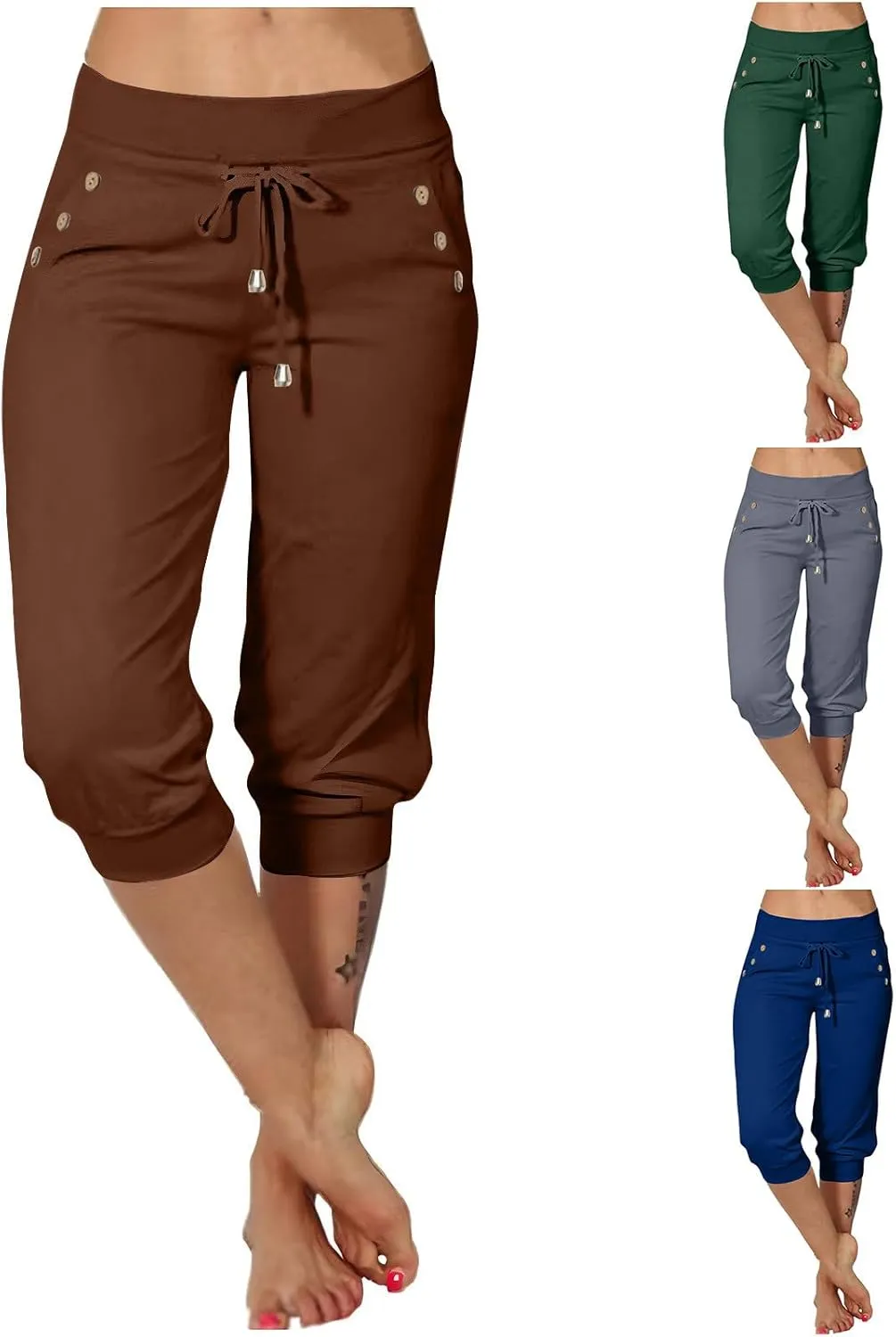 Womens Capri Trousers High Waisted Drawstring Sweatpants Cropped Pants with Button Pocket Trouser 3/4 Length Bottoms