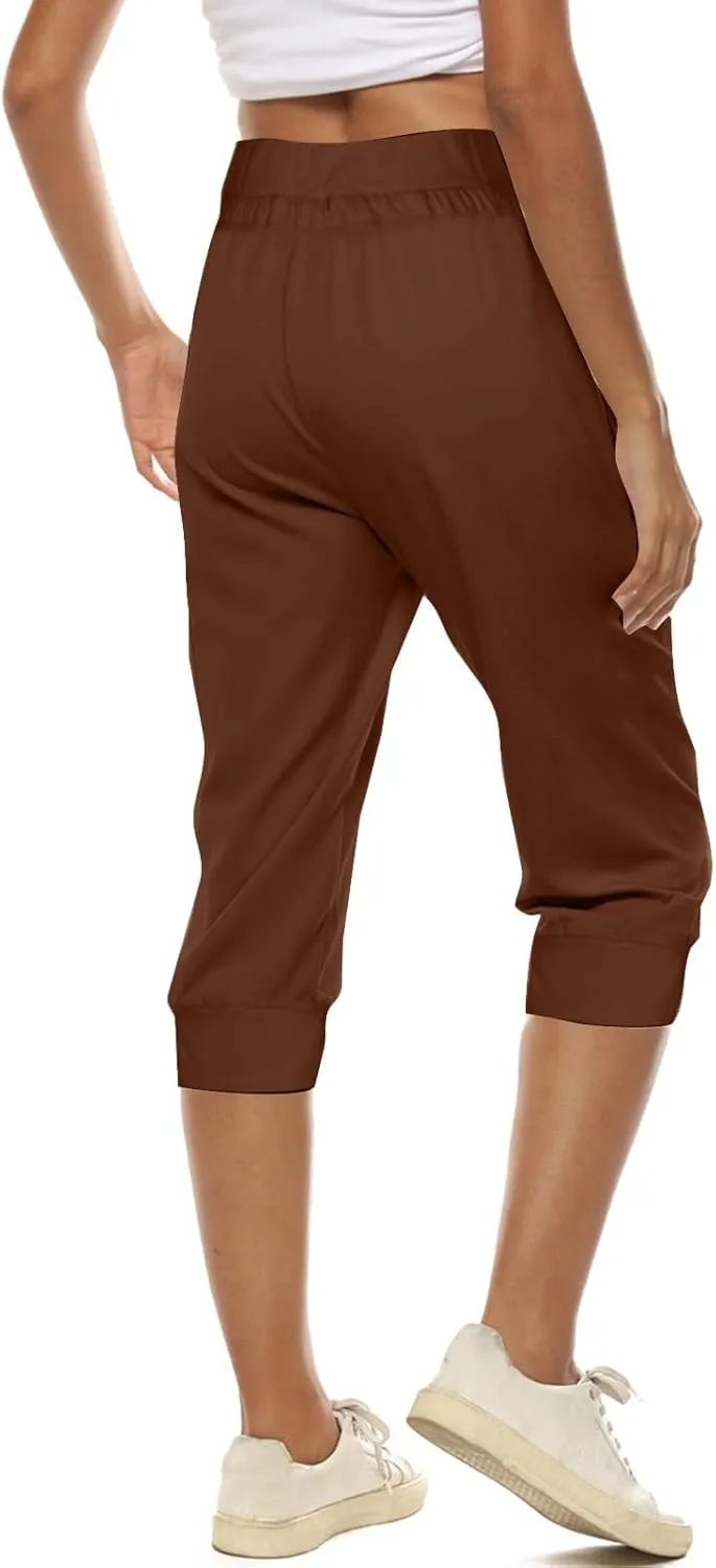 Womens Capri Trousers High Waisted Drawstring Sweatpants Cropped Pants with Button Pocket Trouser 3/4 Length Bottoms