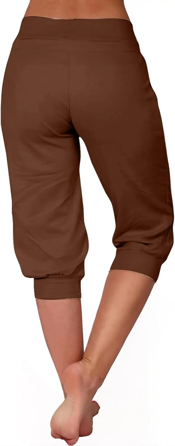 Womens Capri Trousers High Waisted Drawstring Sweatpants Cropped Pants with Button Pocket Trouser 3/4 Length Bottoms
