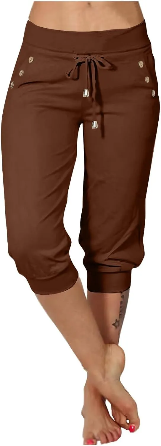 Womens Capri Trousers High Waisted Drawstring Sweatpants Cropped Pants with Button Pocket Trouser 3/4 Length Bottoms