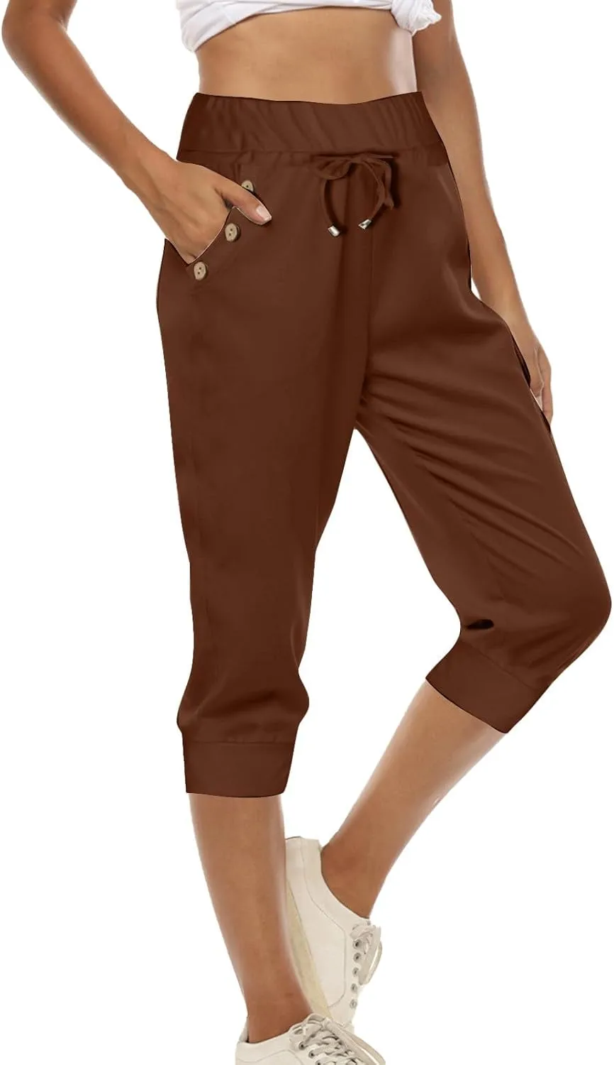 Womens Capri Trousers High Waisted Drawstring Sweatpants Cropped Pants with Button Pocket Trouser 3/4 Length Bottoms