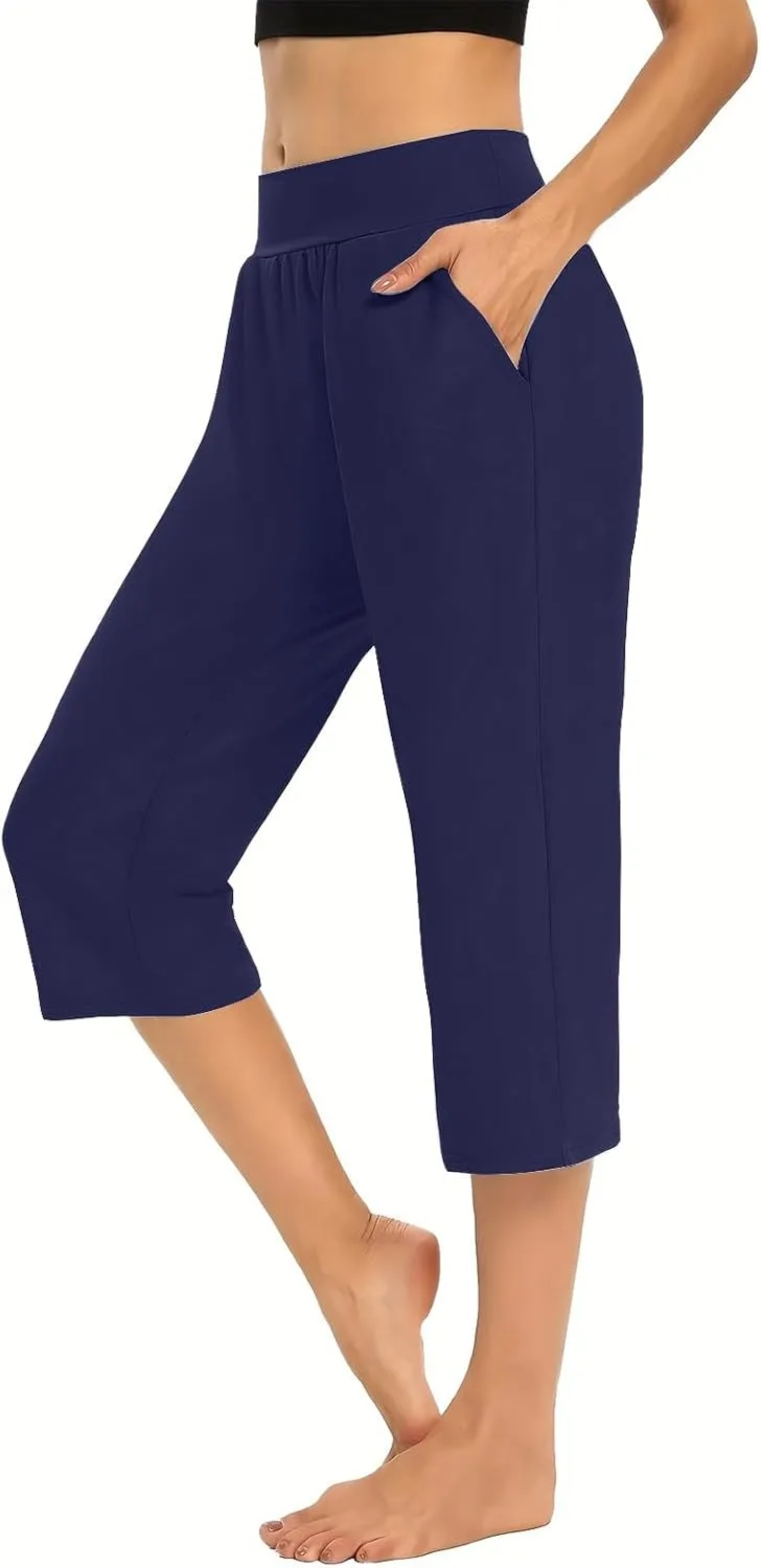 Women's Capris Yoga Pants Elastic Waist Sweat Pants Comfy Loose Fit Plus Size Workout Capris With Pockets