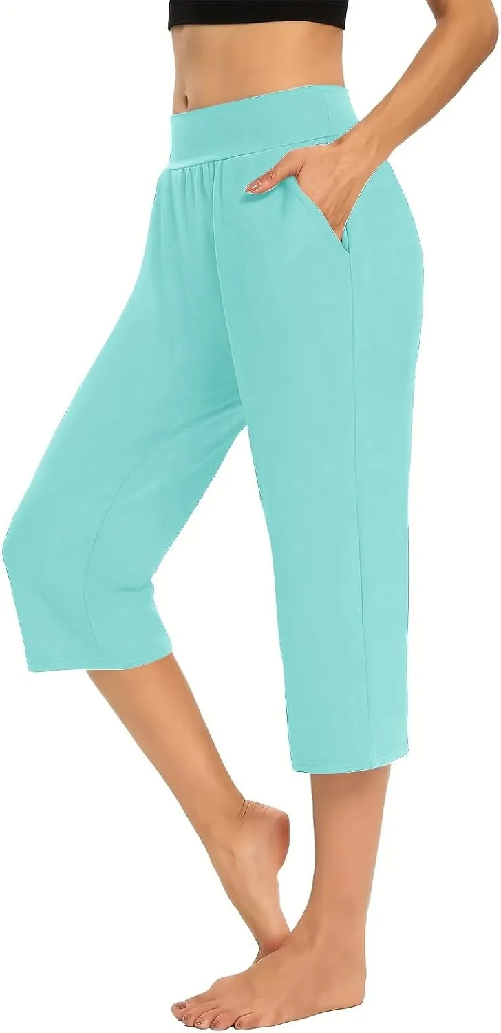Women's Capris Yoga Pants Elastic Waist Sweat Pants Comfy Loose Fit Plus Size Workout Capris With Pockets