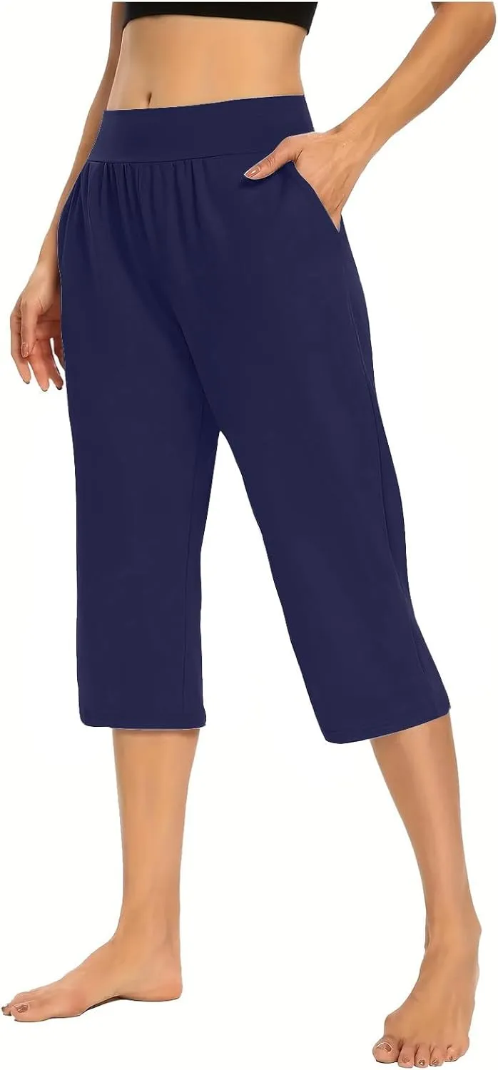 Women's Capris Yoga Pants Elastic Waist Sweat Pants Comfy Loose Fit Plus Size Workout Capris With Pockets