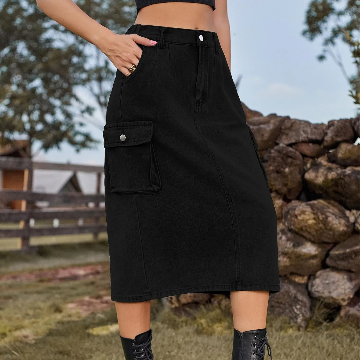 Women's Cargo Denim Skirt 2024 Fashion Button High Waisted Skirt Teen Girls Cute Loose Straight Going Out Jean Skirt