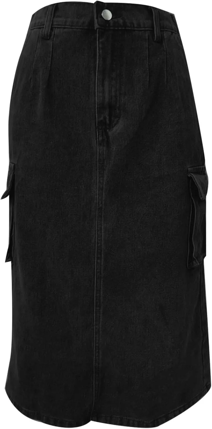 Women's Cargo Denim Skirt 2024 Fashion Button High Waisted Skirt Teen Girls Cute Loose Straight Going Out Jean Skirt