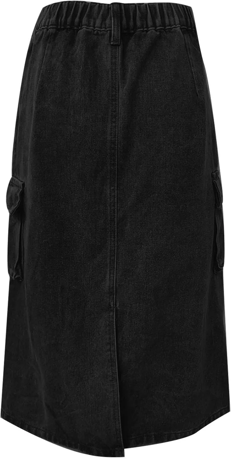 Women's Cargo Denim Skirt 2024 Fashion Button High Waisted Skirt Teen Girls Cute Loose Straight Going Out Jean Skirt