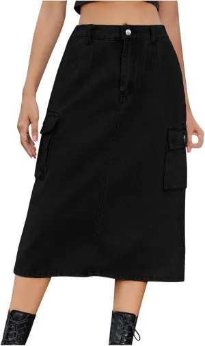 Women's Cargo Denim Skirt 2024 Fashion Button High Waisted Skirt Teen Girls Cute Loose Straight Going Out Jean Skirt