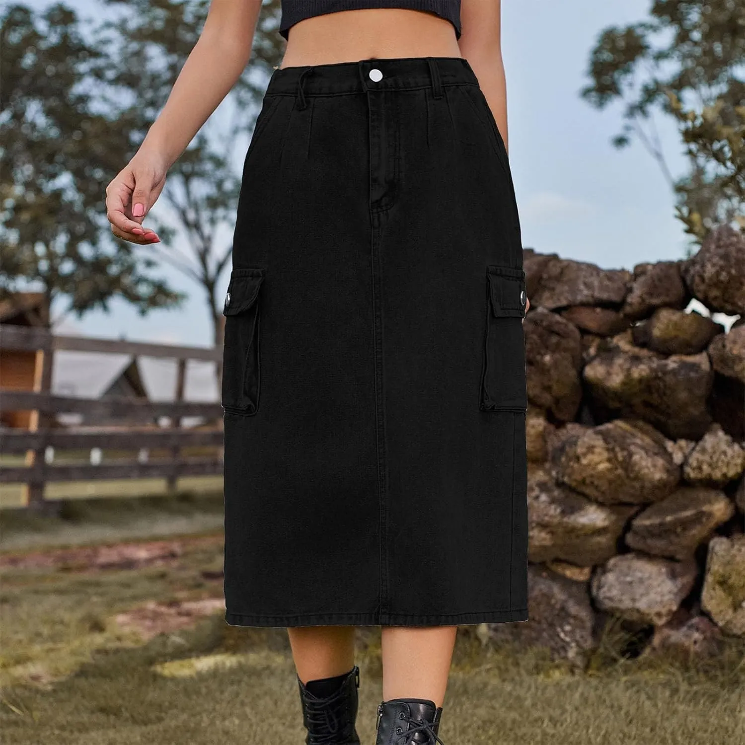Women's Cargo Denim Skirt 2024 Fashion Button High Waisted Skirt Teen Girls Cute Loose Straight Going Out Jean Skirt
