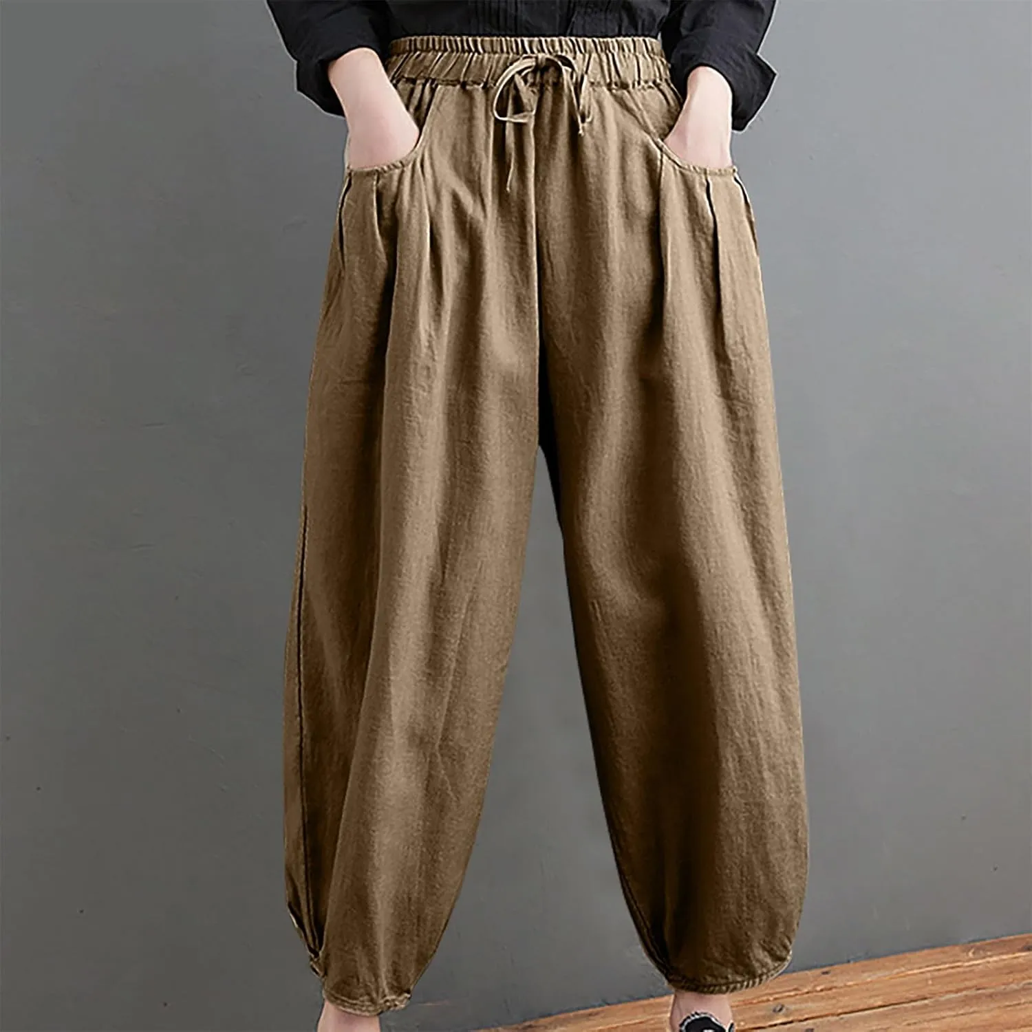 Women's Casual Lantern Harem Loose Capris Pants Summer Drawstring Elastic High Waist Yoga Cropped Trousers with Pockets