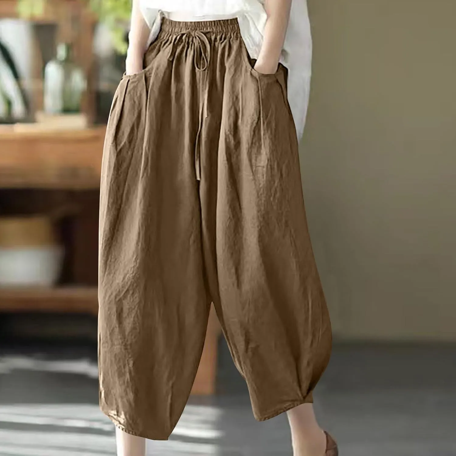 Women's Casual Lantern Harem Loose Capris Pants Summer Drawstring Elastic High Waist Yoga Cropped Trousers with Pockets