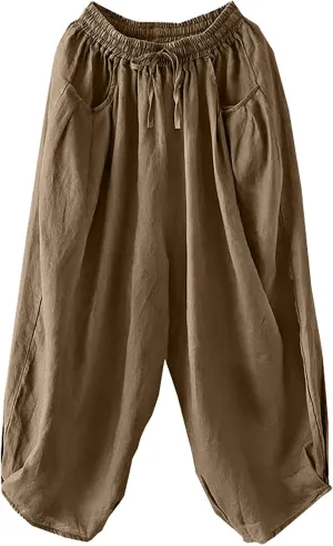 Women's Casual Lantern Harem Loose Capris Pants Summer Drawstring Elastic High Waist Yoga Cropped Trousers with Pockets