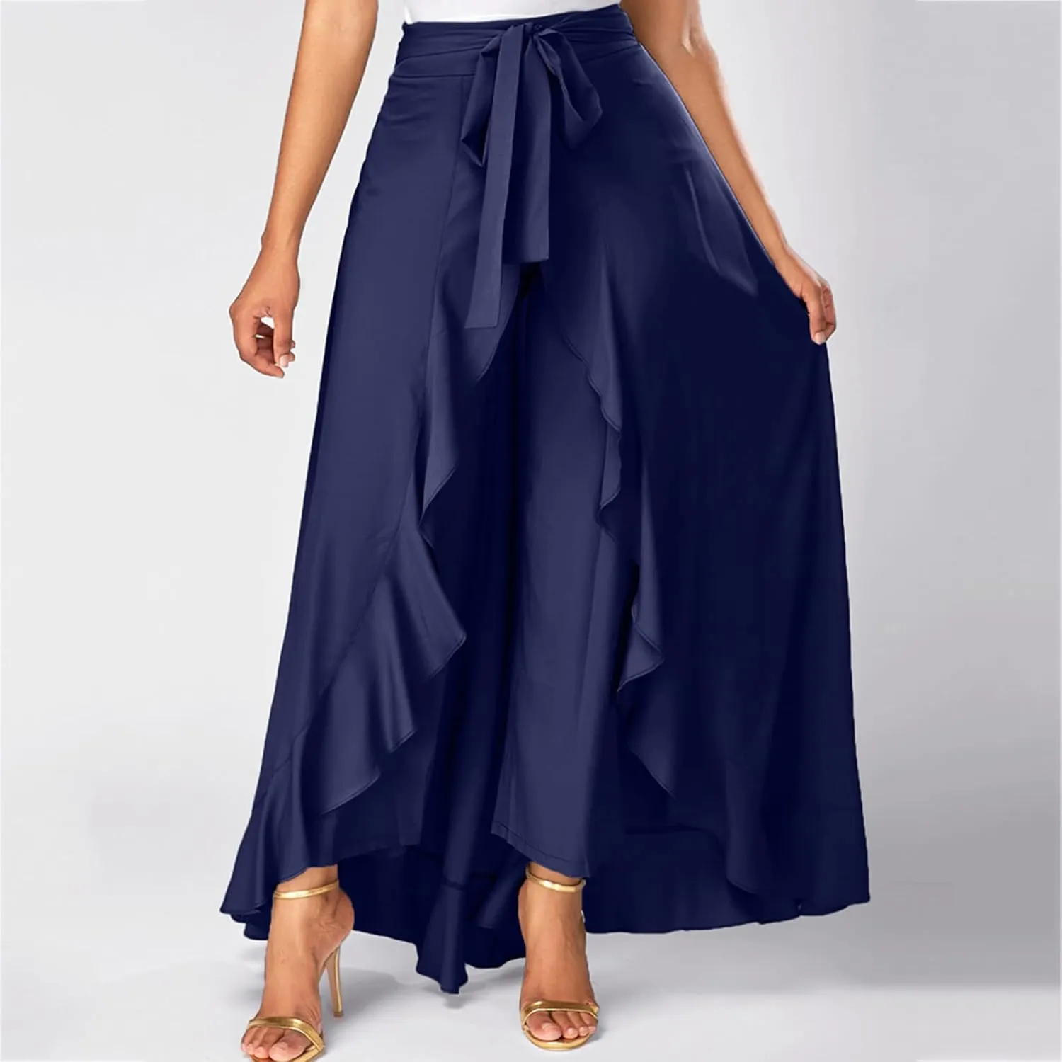 Women's Casual Skirts Irregular Ruffle Midi Skirt Lace Up Bow High Waisted Party Skirt Elegant Solid Pleated Skirt