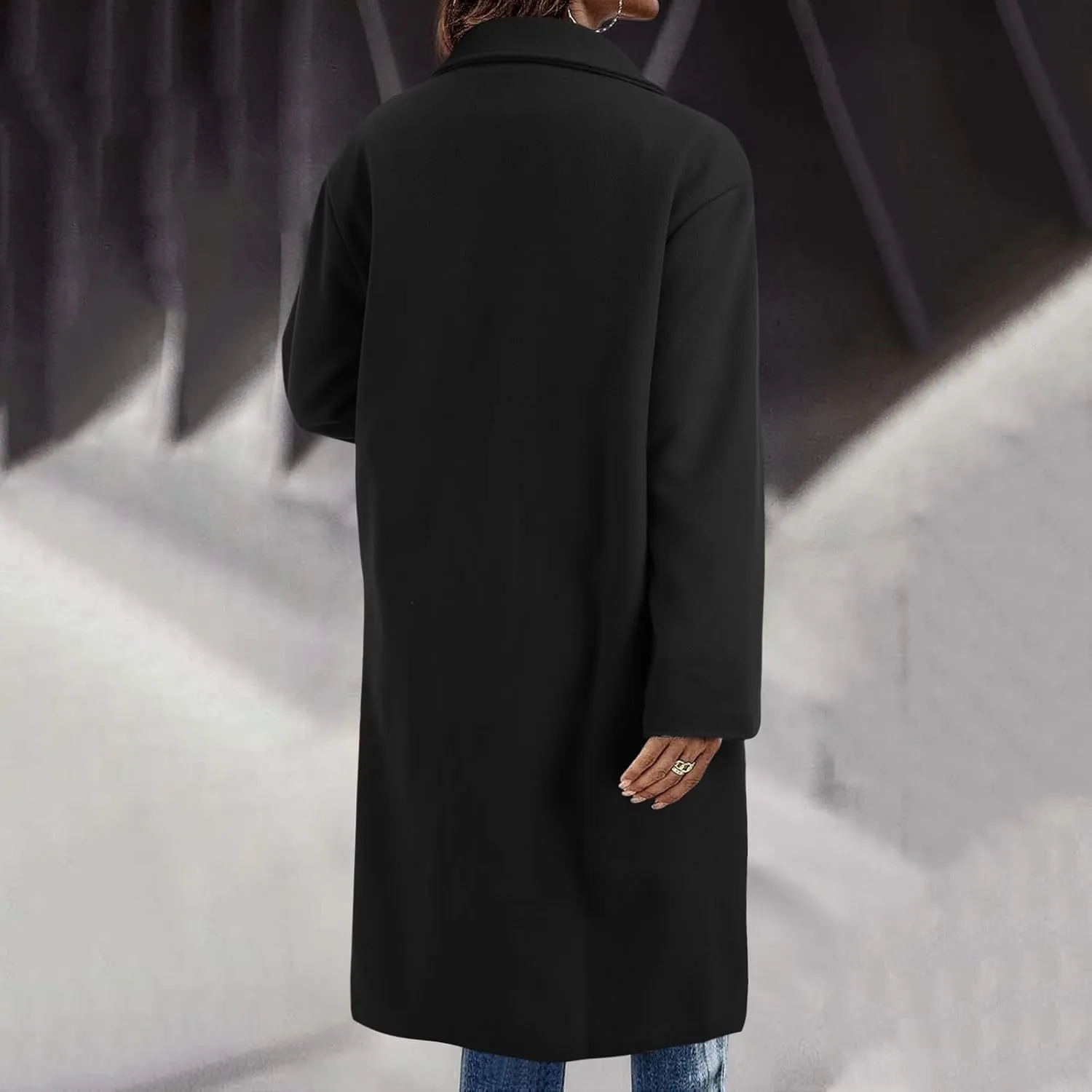 Womens Casual Trench Overcoat Long Sleeve Lapel Oversized Long Jackets Elegant Solid Color Button Down Outdoor Coat
