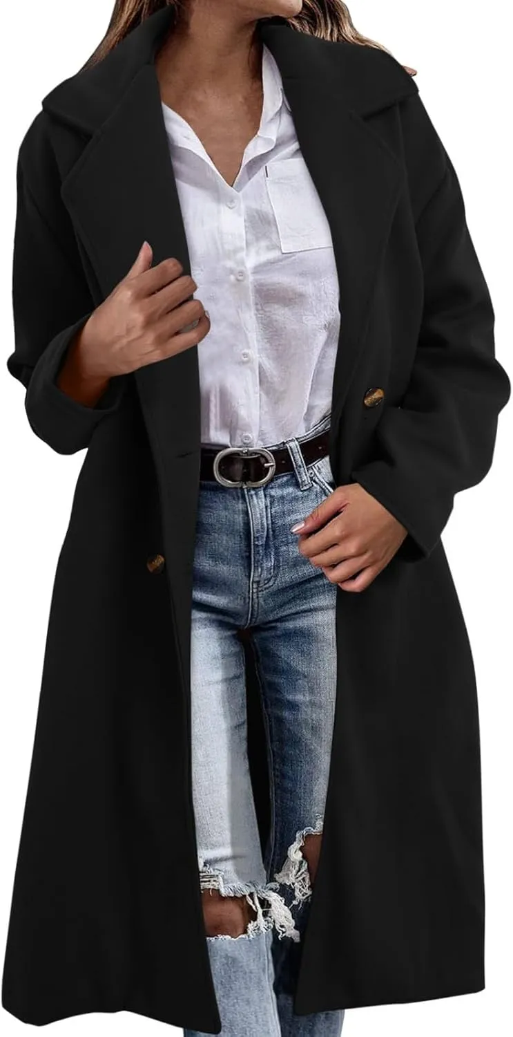 Womens Casual Trench Overcoat Long Sleeve Lapel Oversized Long Jackets Elegant Solid Color Button Down Outdoor Coat