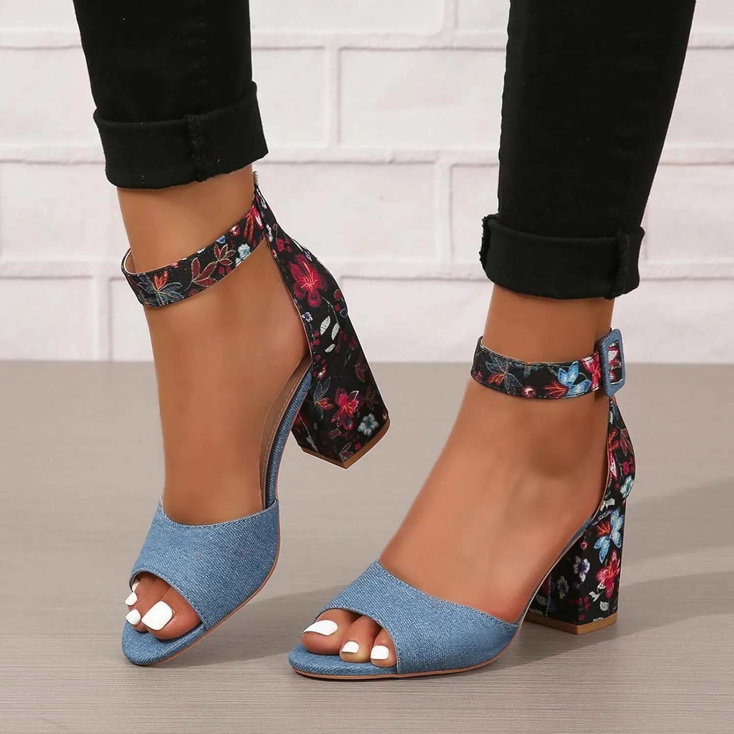Womens Chunky High Heel Sandals Floral Print Open Toe Ankle Strap Buckle Wedding Bridal Dress Pump Shoes