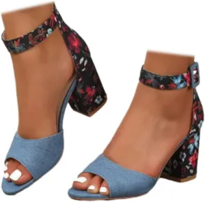 Womens Chunky High Heel Sandals Floral Print Open Toe Ankle Strap Buckle Wedding Bridal Dress Pump Shoes