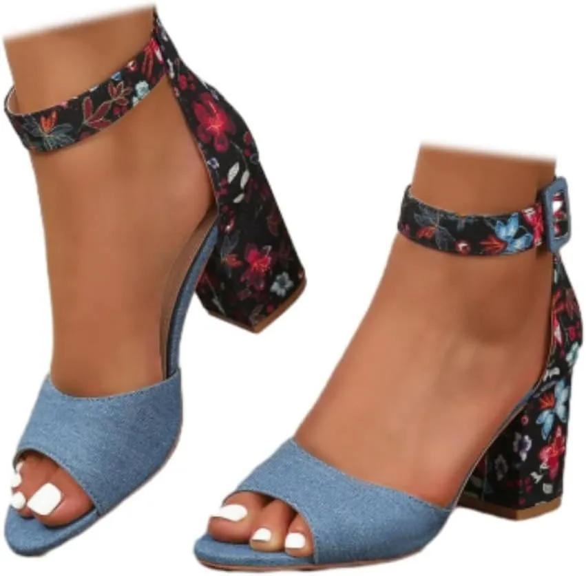 Womens Chunky High Heel Sandals Floral Print Open Toe Ankle Strap Buckle Wedding Bridal Dress Pump Shoes