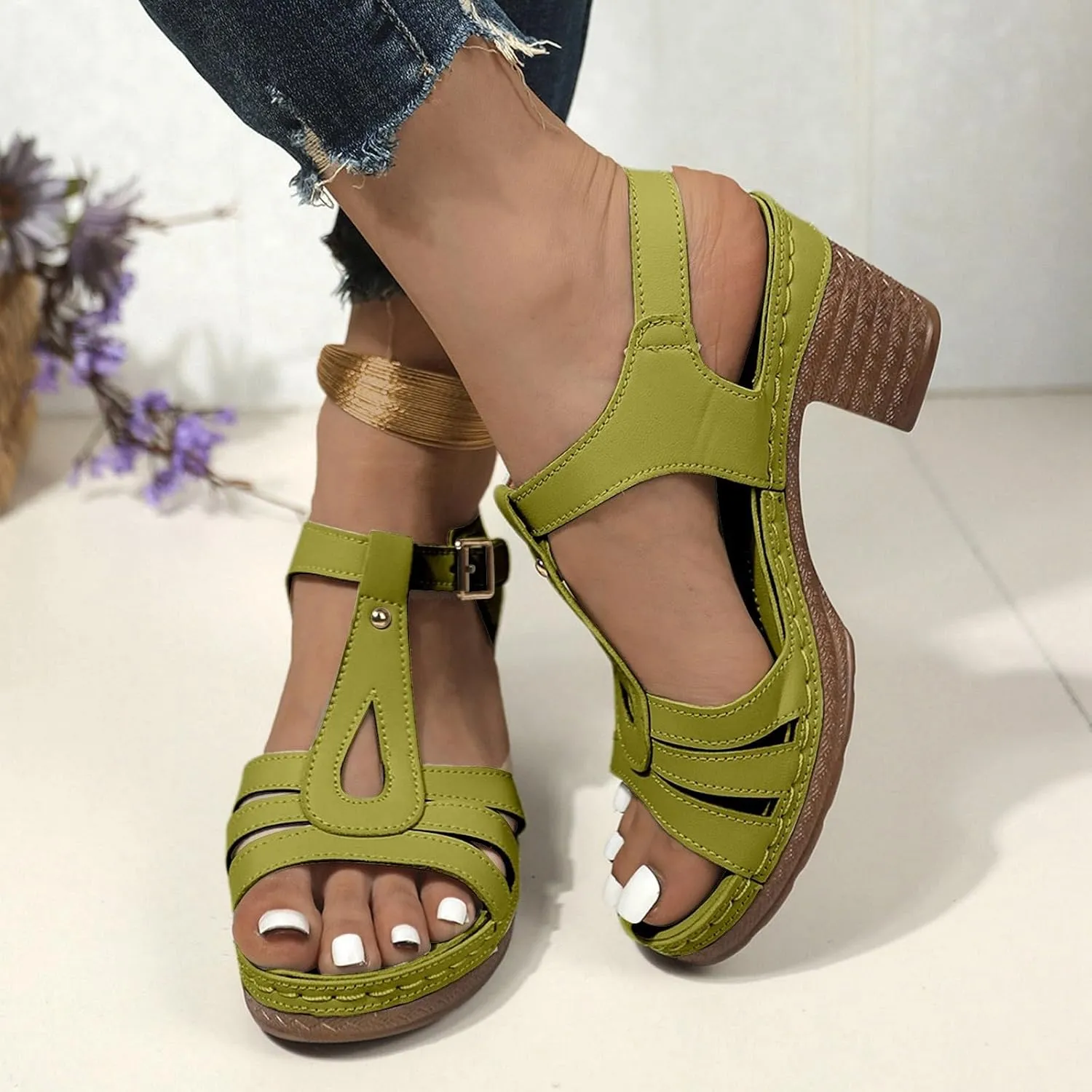 Womens Chunky Low Heels Sandals Casual Ankle Strap Open Toe Heeled Sandals Fashion Summer Party Dress Shoes