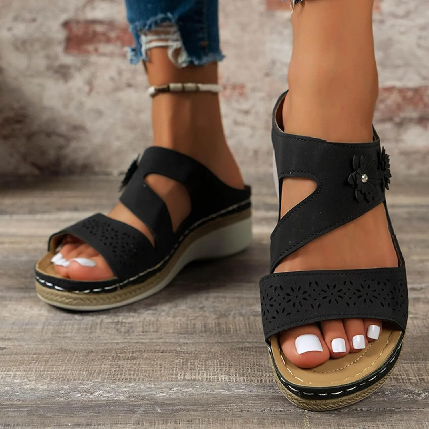 Women's Comfortable Orthopedic Sandals Open Toe Wedge Non Slip Sandals Hollow Out Breathable Wedges Slippers Trendy Flowers Working Shopping Walking Slippers