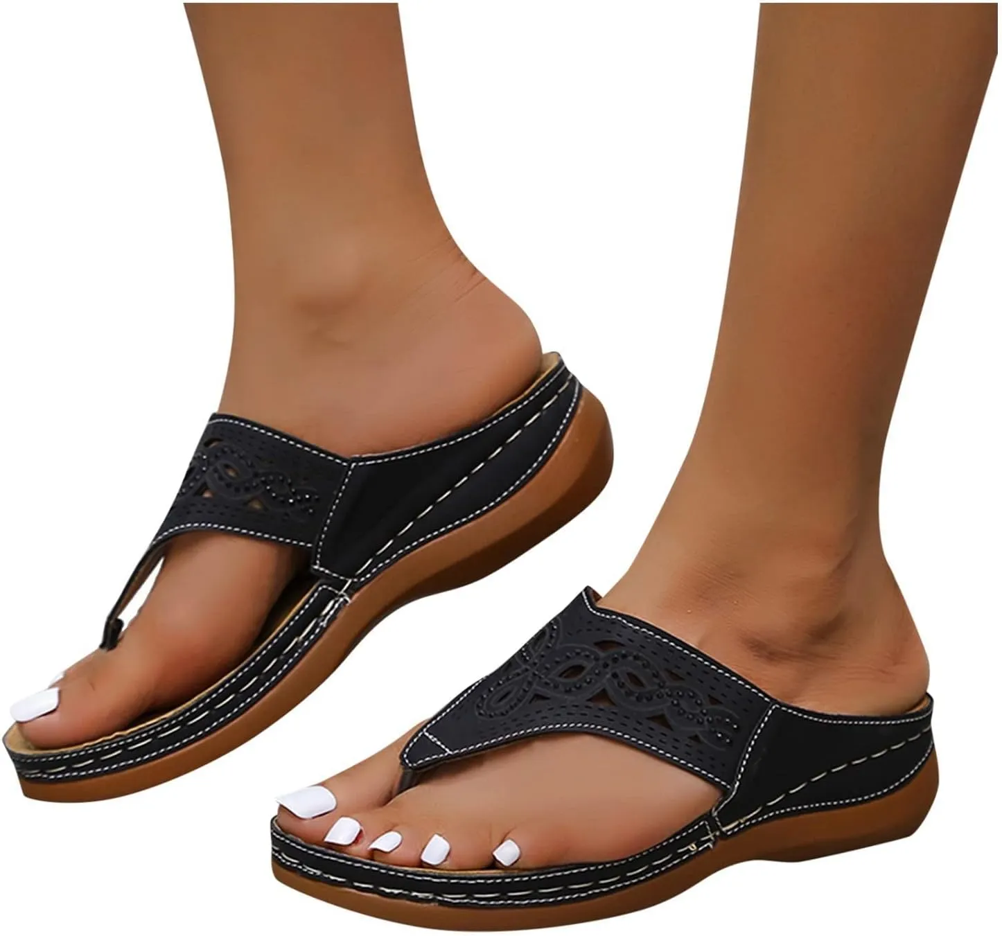 Womens Comfortable Sandals Flip Flops with Arch Support Wedge Clip Toe Walking Slipper Breathable Mesh Hollow Non Slip Orthopedic Hollow Flower Open Toe Summer Casual Dressy Beach Platform Sandals