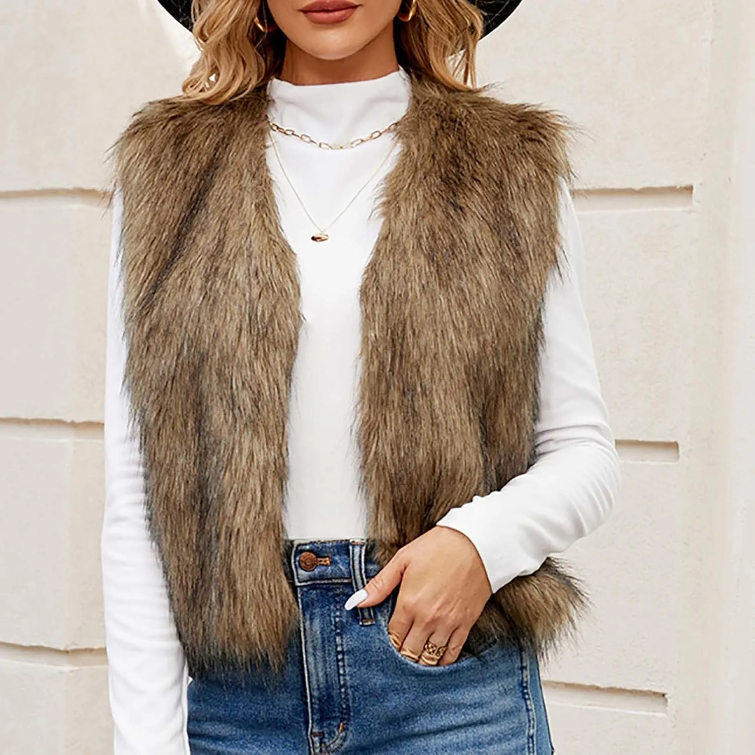 Womens Elegant Faux Furry Coat Ladies Warm Fur Jacket Winter Solid V-Neck Sleeveless Cardigan Outerwear