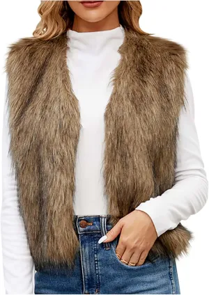 Womens Elegant Faux Furry Coat Ladies Warm Fur Jacket Winter Solid V-Neck Sleeveless Cardigan Outerwear
