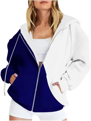 Womens Fall Jacket Casual Patchwork Color Open Front Hoodies Long Sleeve Zipper Winter Coats Outerwear with Pockets