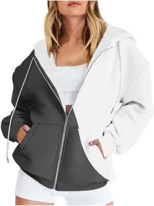 Womens Fall Jacket Casual Patchwork Color Open Front Hoodies Long Sleeve Zipper Winter Coats Outerwear with Pockets
