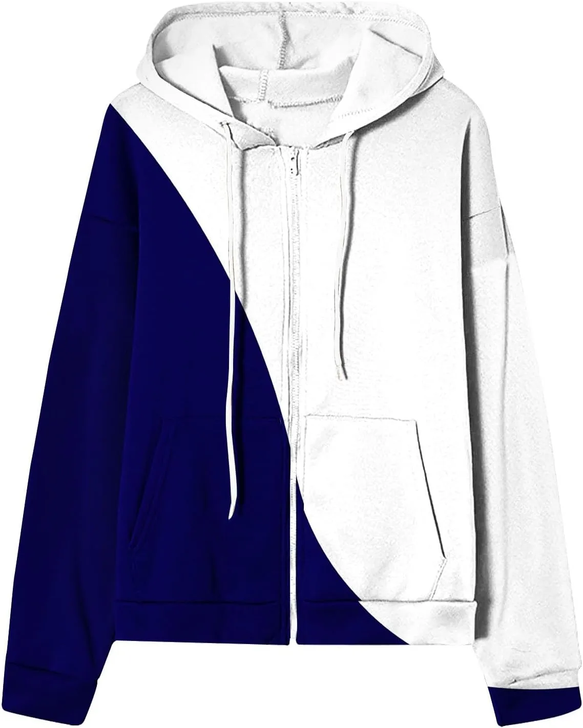 Womens Fall Jacket Casual Patchwork Color Open Front Hoodies Long Sleeve Zipper Winter Coats Outerwear with Pockets