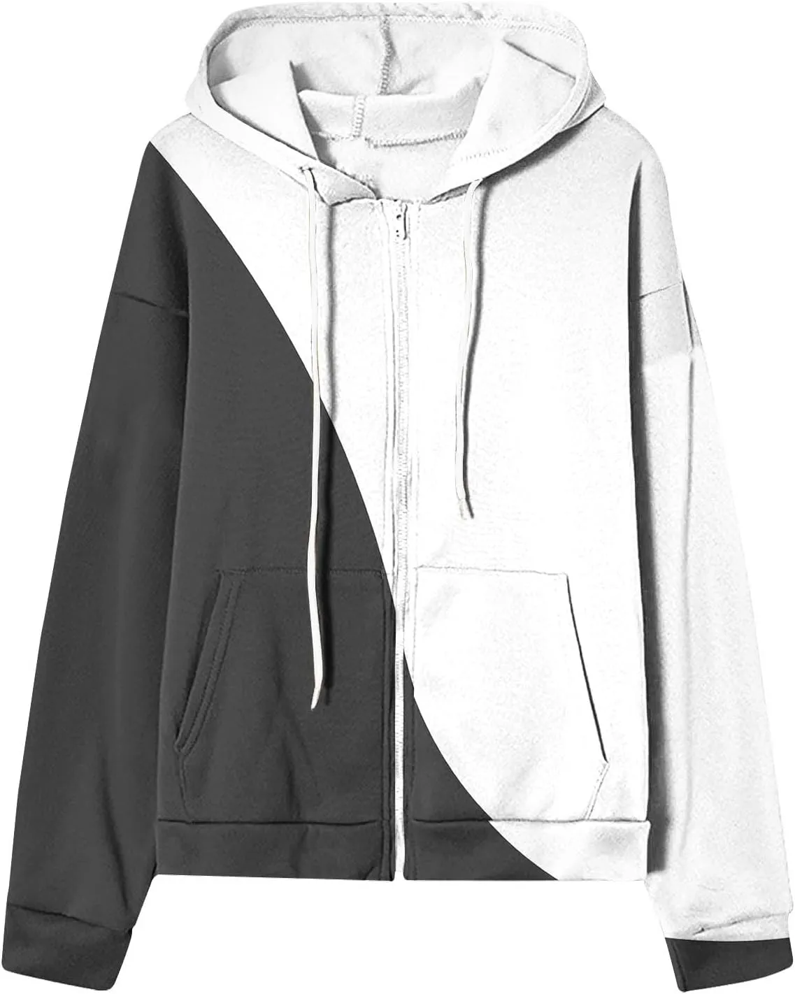 Womens Fall Jacket Casual Patchwork Color Open Front Hoodies Long Sleeve Zipper Winter Coats Outerwear with Pockets