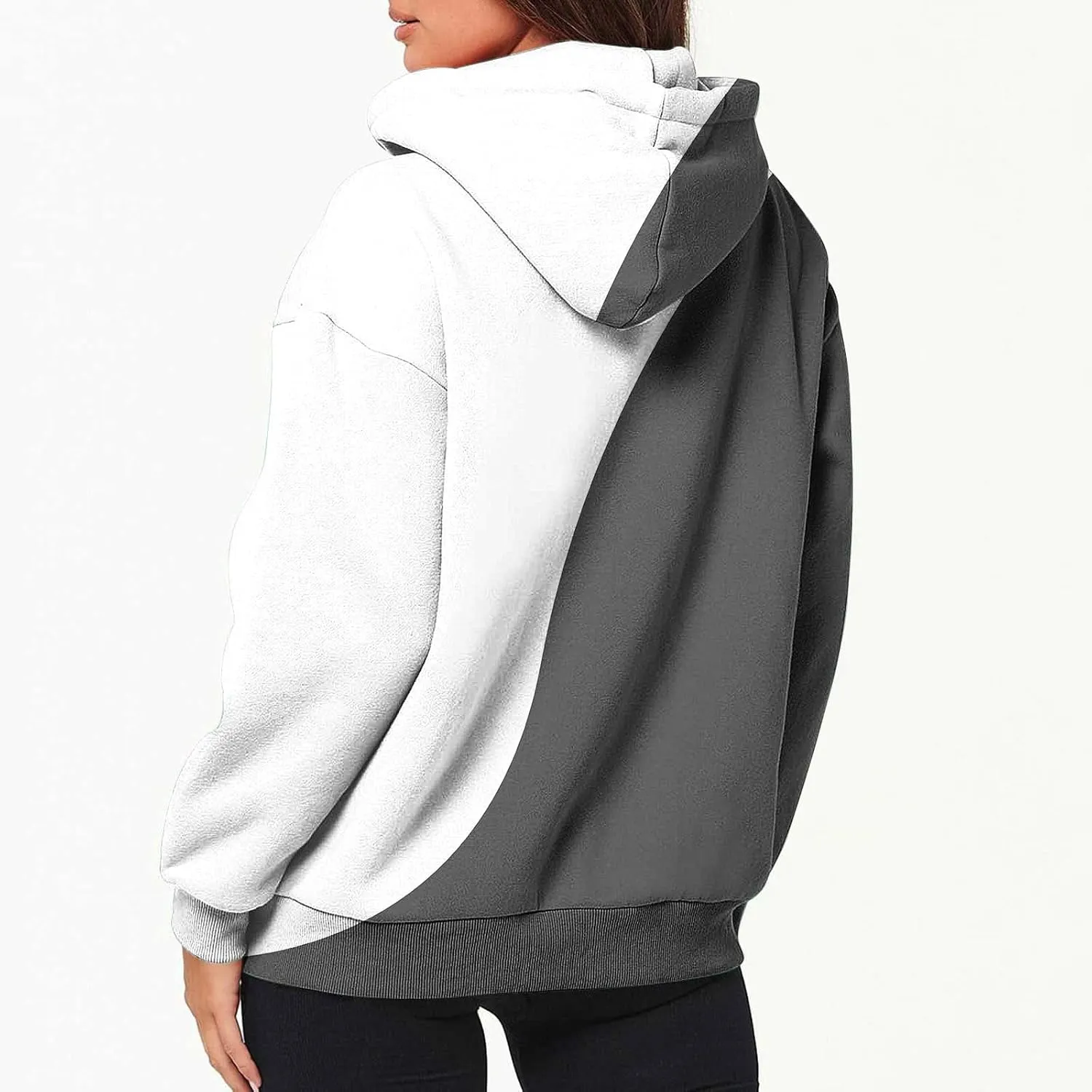 Womens Fall Jacket Casual Patchwork Color Open Front Hoodies Long Sleeve Zipper Winter Coats Outerwear with Pockets