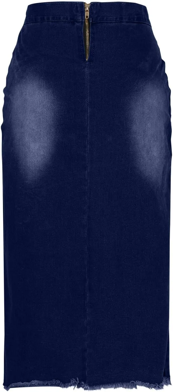 Womens Fashion Denim Skirts Lace Up Split Midi Length Jean Half Skirt Casual High Waist Washed Midi Skirts