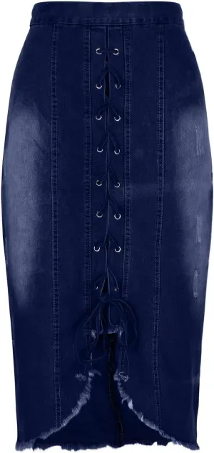 Womens Fashion Denim Skirts Lace Up Split Midi Length Jean Half Skirt Casual High Waist Washed Midi Skirts