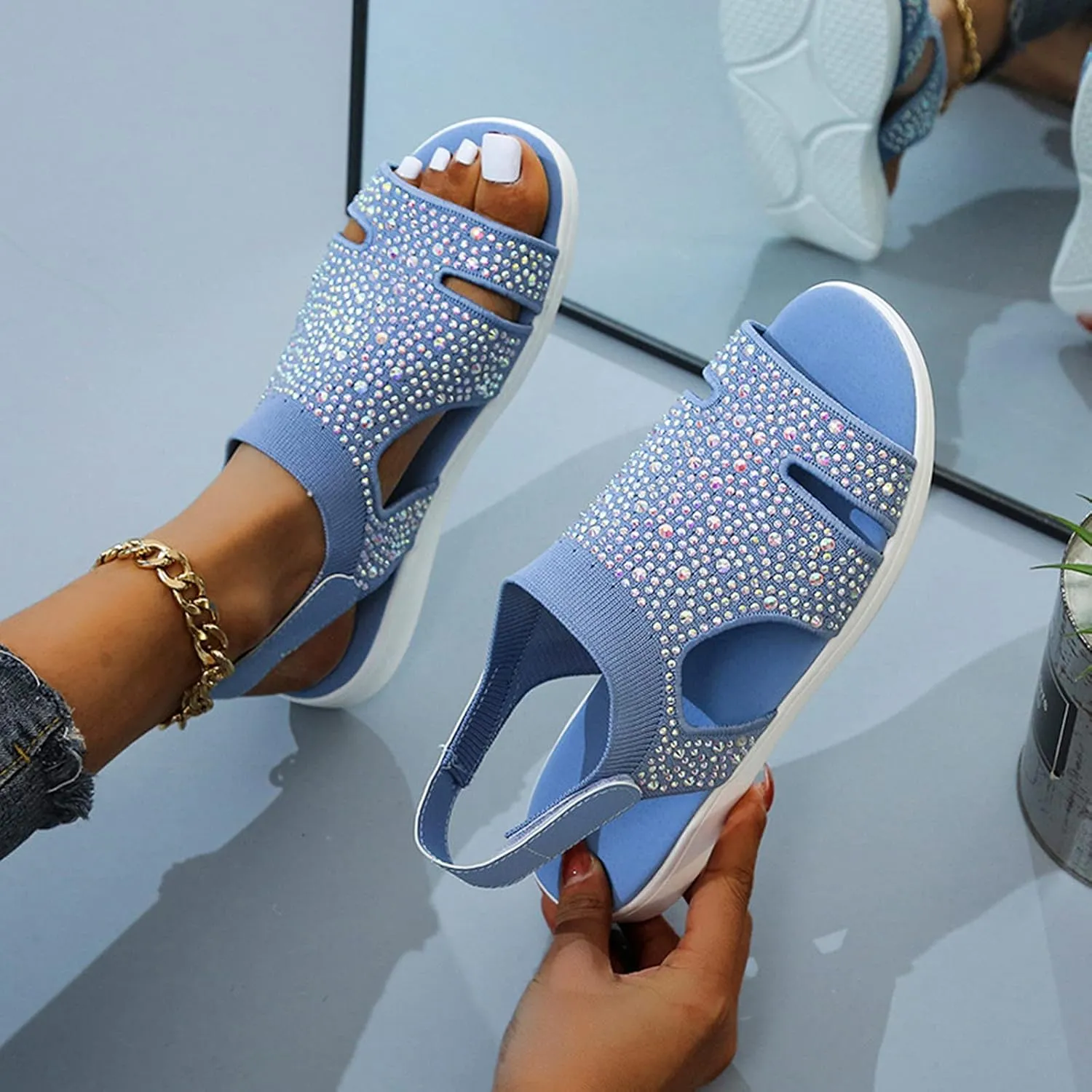 Women's Flat Sandals Ladies Toe Womens Comfortable Shoes Sandals Loop Wedge Hook Mesh Breathable