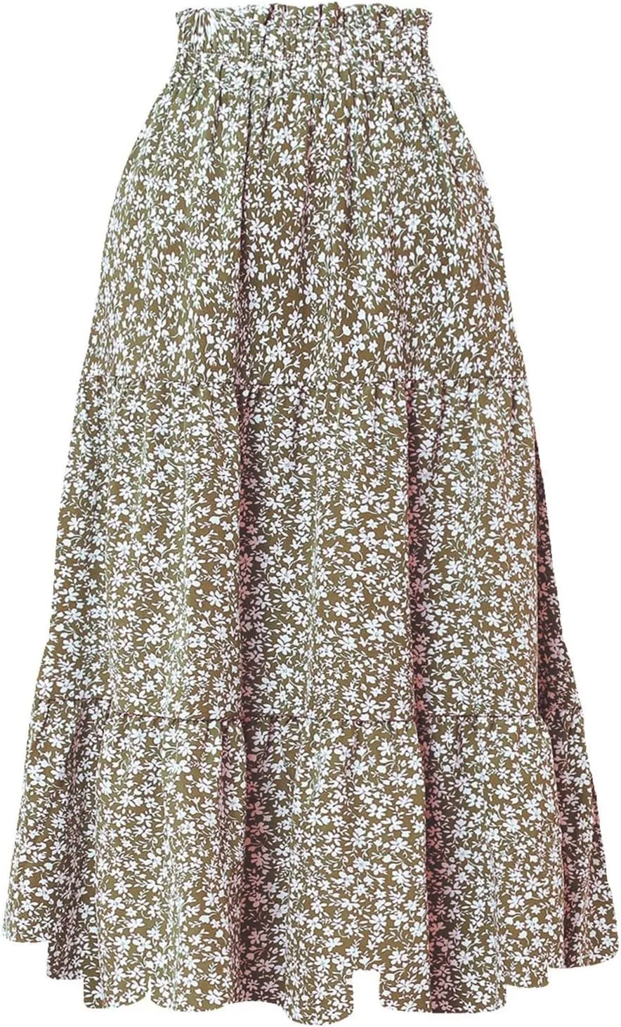 Womens Floral Maxi Skirts 2025 Summer Boho Ruffle Long Skirts for Women Women's A-Line Midi Skirt Flowy Dresses