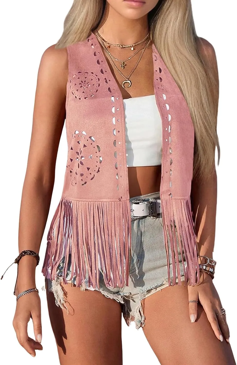 Women's Fringe Vest 60S 70S Hippie Vest Cowgirl Western Faux Suede Tassel Leather Jacket Waistcoat Vintage Costume