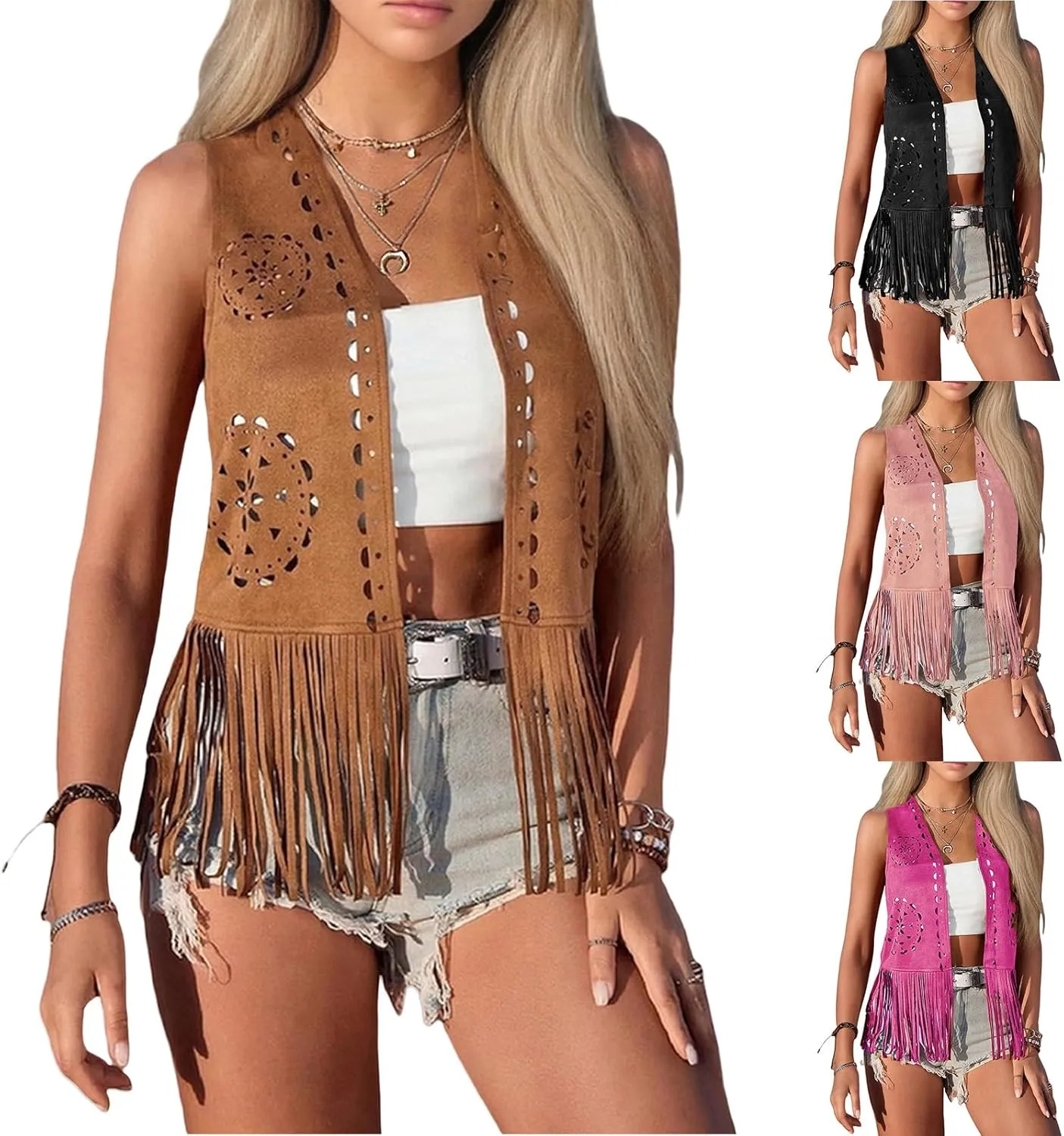 Women's Fringe Vest 60S 70S Hippie Vest Cowgirl Western Faux Suede Tassel Leather Jacket Waistcoat Vintage Costume