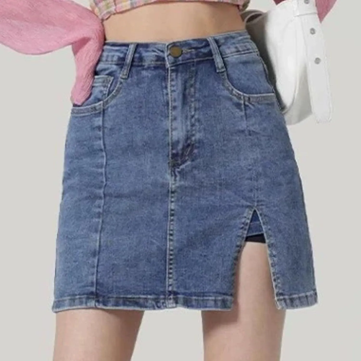 Womens High Waisted Mini Skirts Side Slit Button Down Casual Fashion Cute Stretch Jean Short Skirts with Pockets
