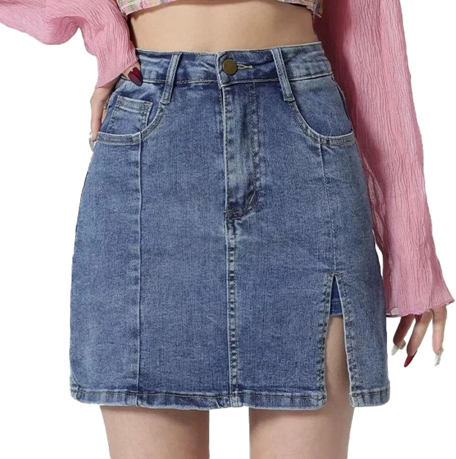 Womens High Waisted Mini Skirts Side Slit Button Down Casual Fashion Cute Stretch Jean Short Skirts with Pockets