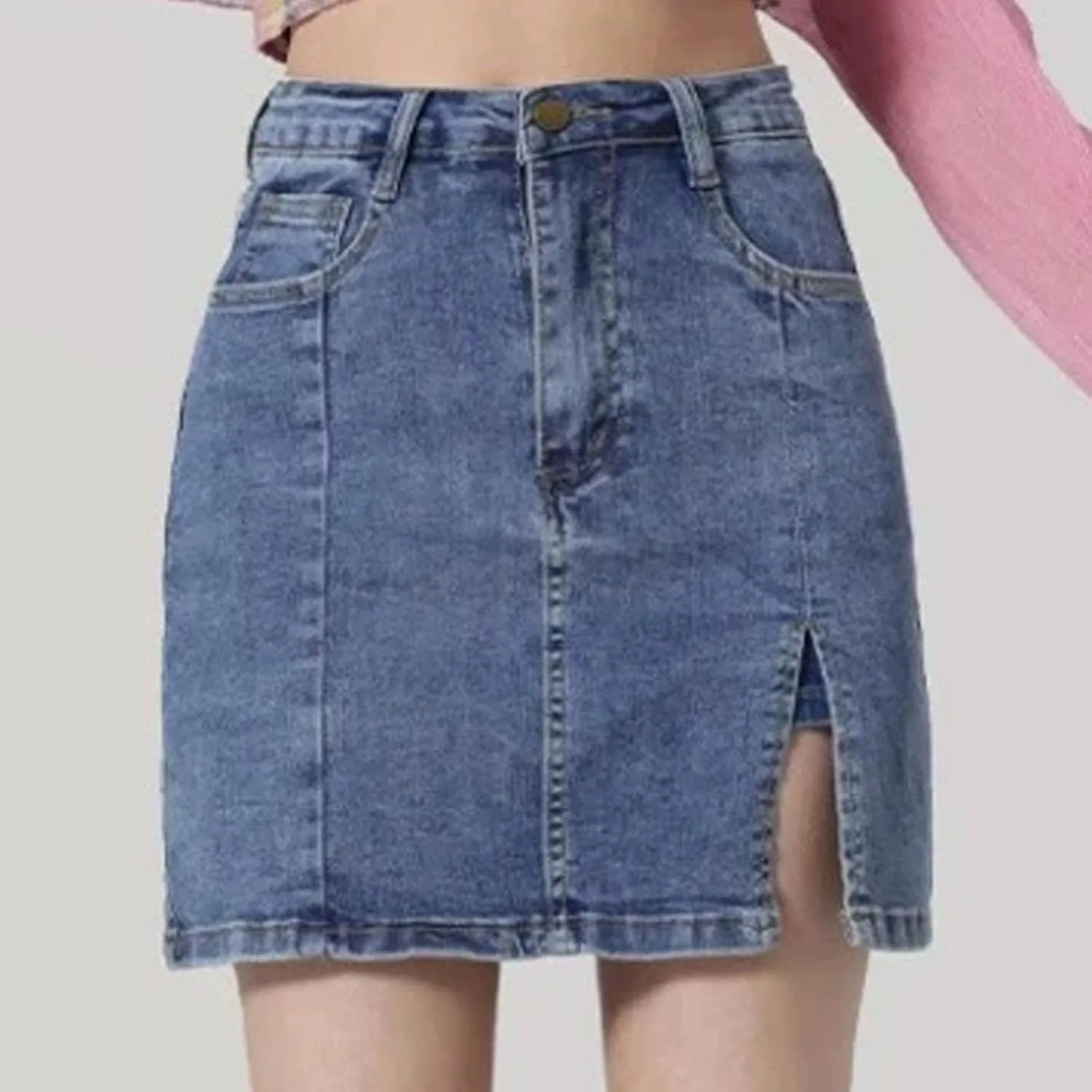 Womens High Waisted Mini Skirts Side Slit Button Down Casual Fashion Cute Stretch Jean Short Skirts with Pockets