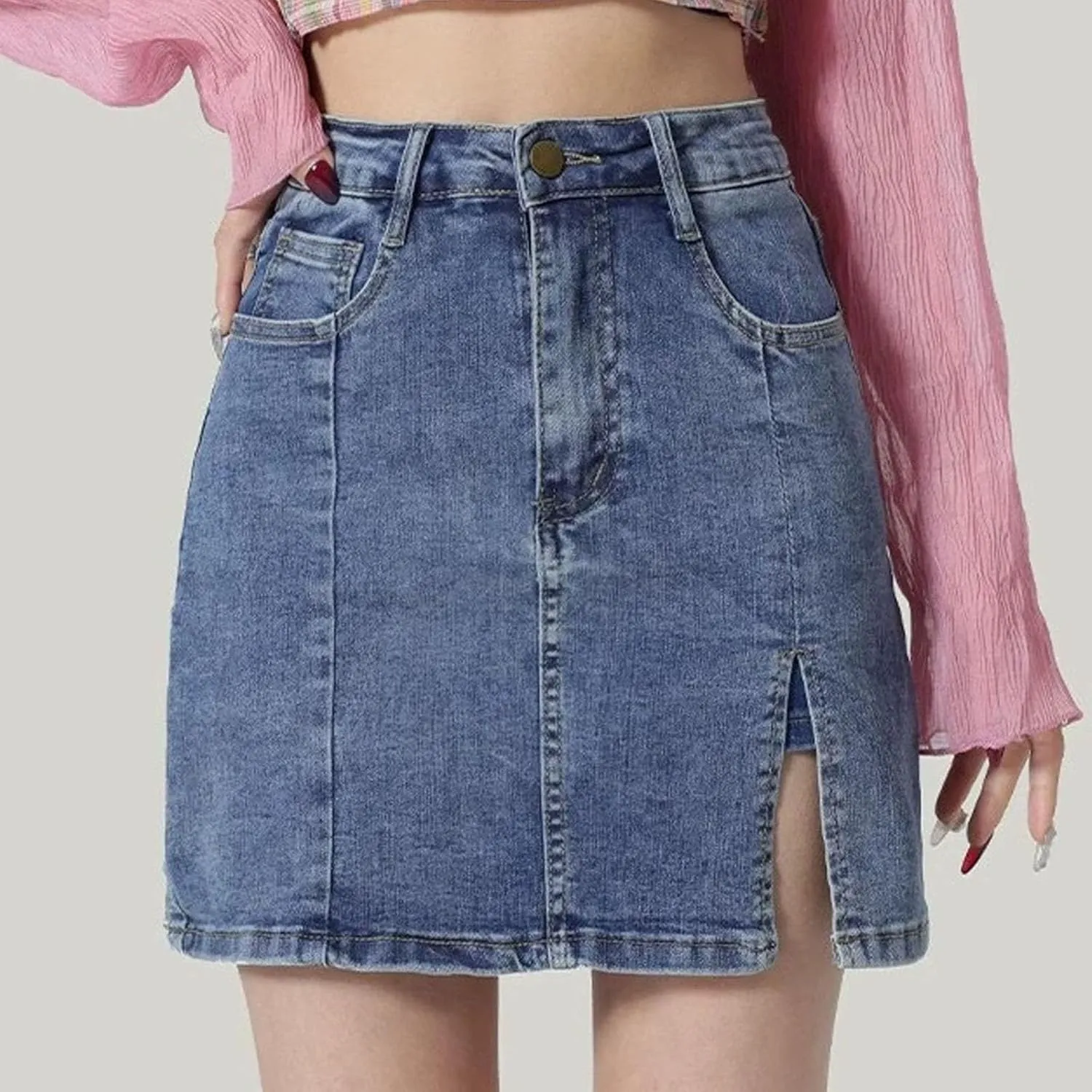 Womens High Waisted Mini Skirts Side Slit Button Down Casual Fashion Cute Stretch Jean Short Skirts with Pockets