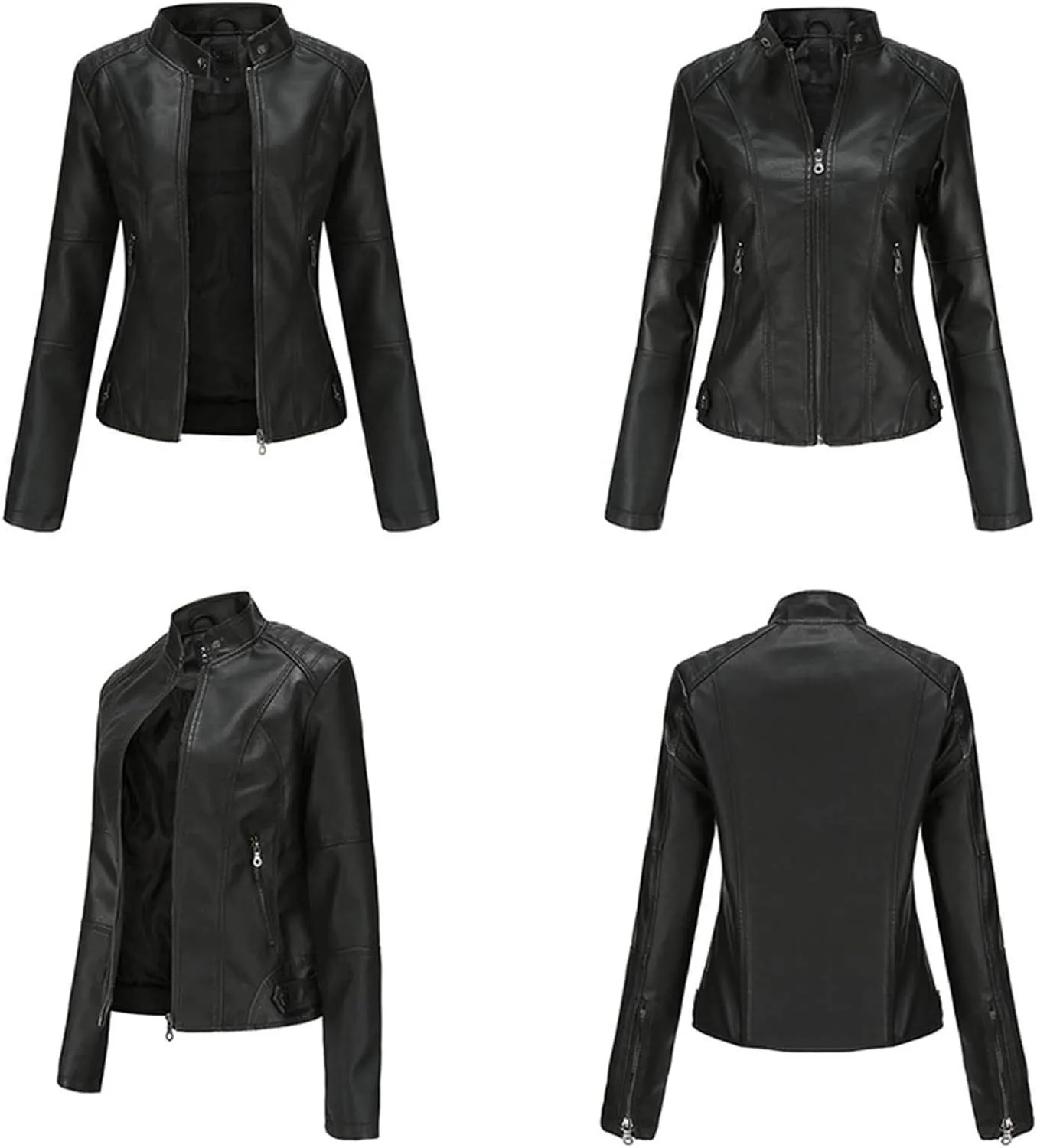 Women's Jacket, Slim Solid Color Zip Up Leather Stand Up Stitching Winter Motorcycle Jackets Coat with Zipper Pockets
