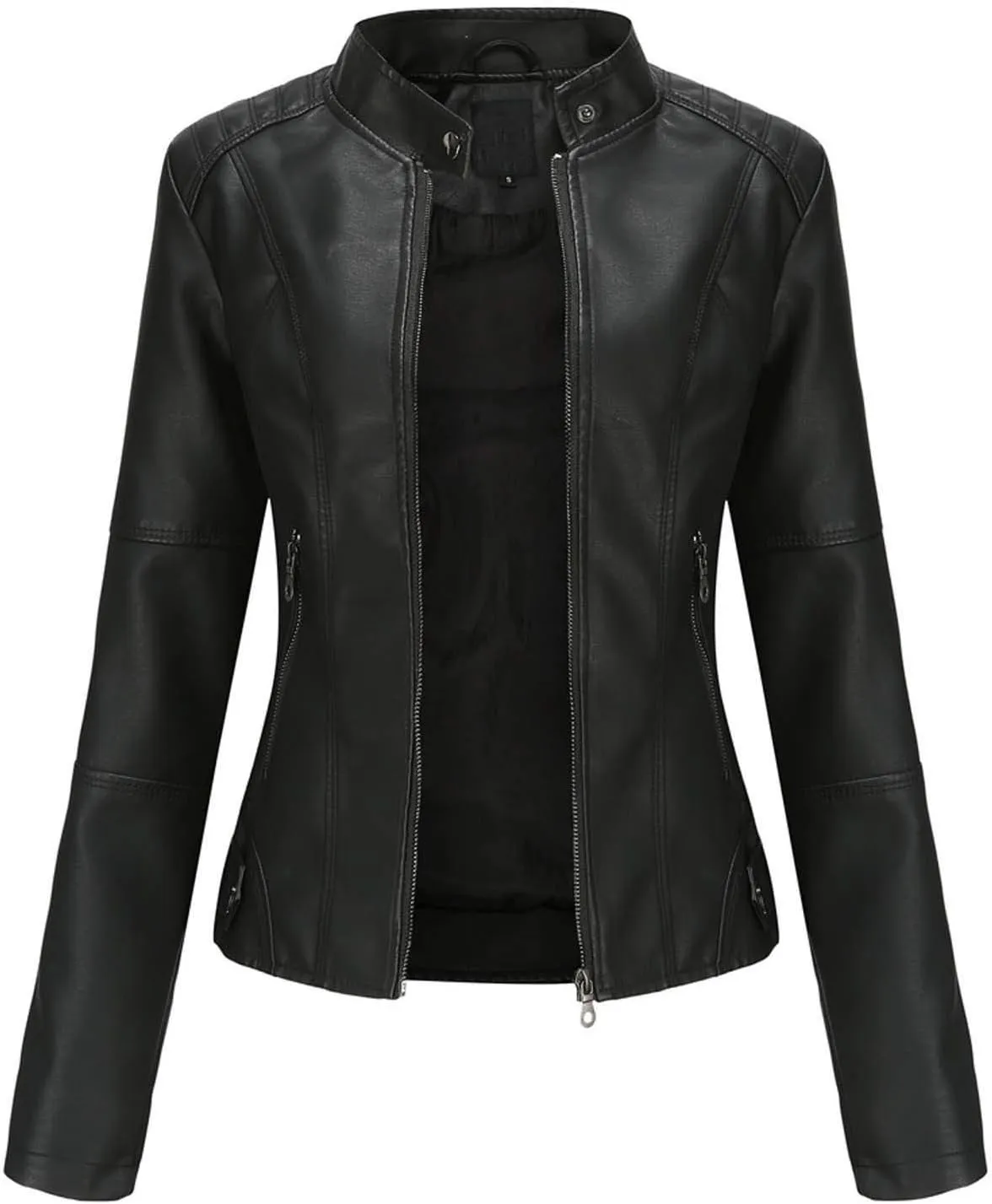 Women's Jacket, Slim Solid Color Zip Up Leather Stand Up Stitching Winter Motorcycle Jackets Coat with Zipper Pockets