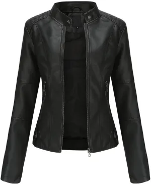Women's Jacket, Slim Solid Color Zip Up Leather Stand Up Stitching Winter Motorcycle Jackets Coat with Zipper Pockets