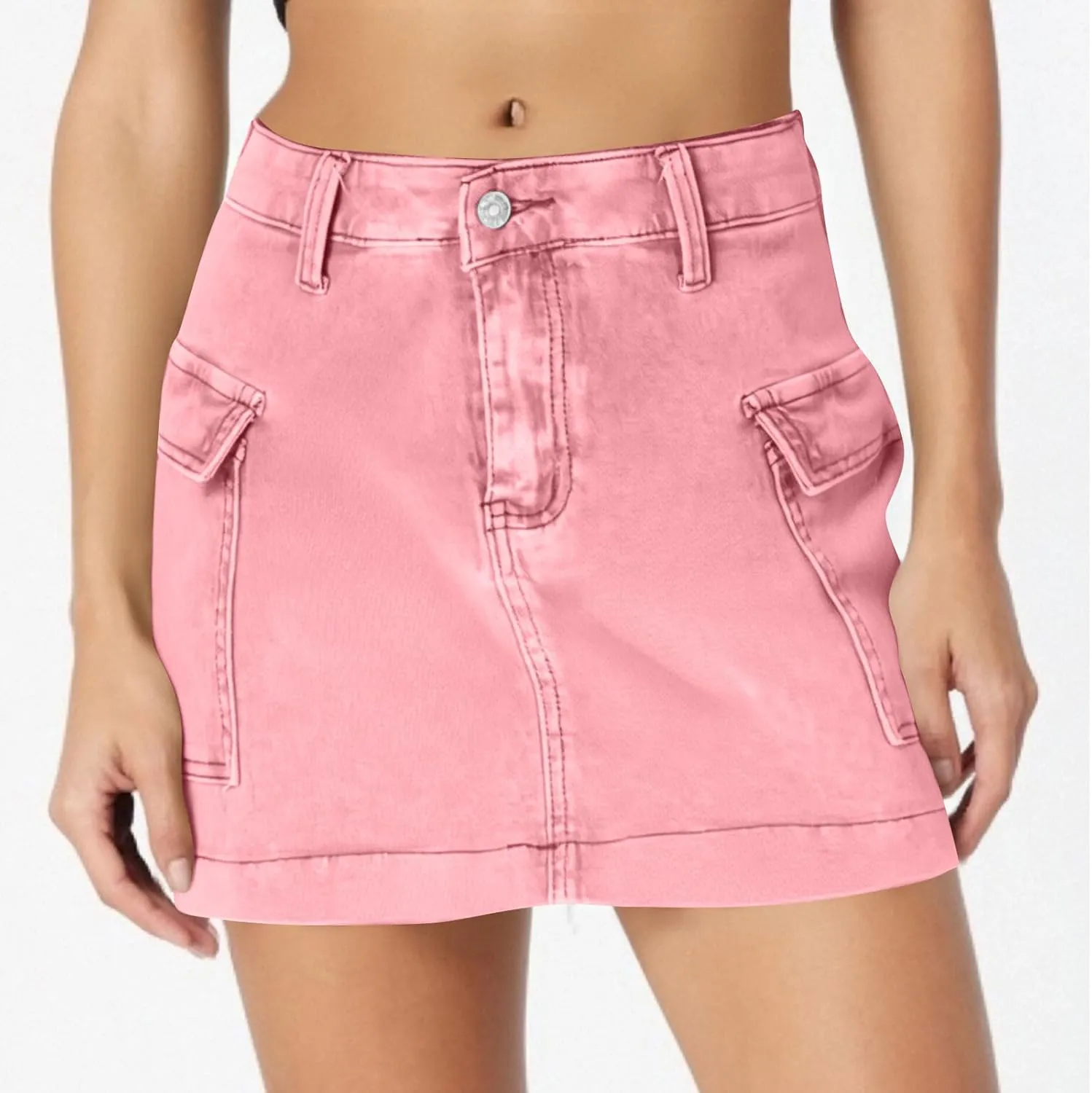 Women's Jean Skirt High Waisted Stretch Casual Summer Mini Skort Trendy Low Waist Cargo Denim Skirts with Pockets