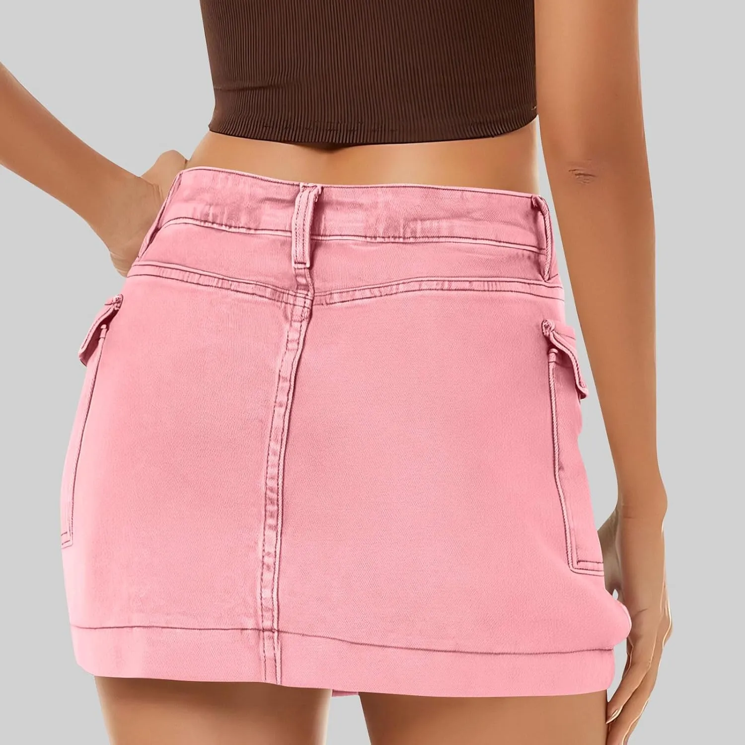 Women's Jean Skirt High Waisted Stretch Casual Summer Mini Skort Trendy Low Waist Cargo Denim Skirts with Pockets