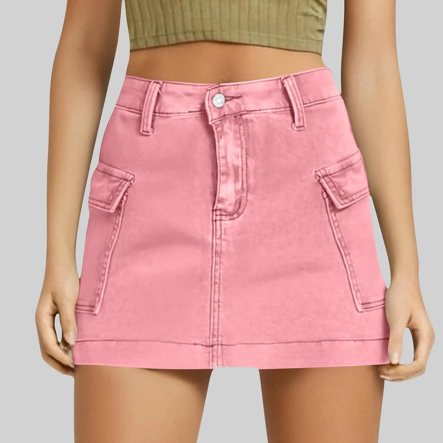 Women's Jean Skirt High Waisted Stretch Casual Summer Mini Skort Trendy Low Waist Cargo Denim Skirts with Pockets