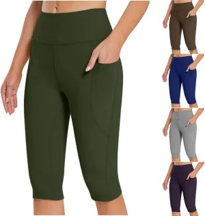 Women's Knee Length Leggings Ladies High Waisted Yoga Pants Summer Stretch Shorts Capris Trousers Cropped Pants
